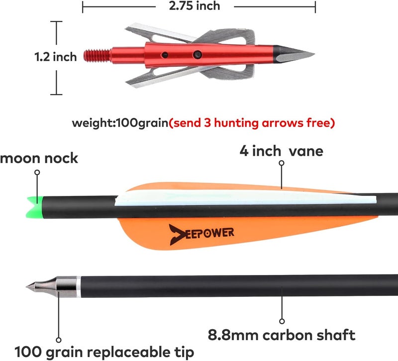 DEEPOWER Store 6 Pack Crossbow Bolts 20 inch GPI 9.9 with Broadheads 100 Grain and 7.62mm Lighted Nocks Crossbow Arrows for Hunting and Practice - Image 2